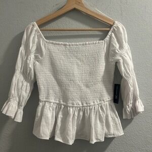 INC Smocked Peplum Top Square Neck 3/4‎ Sleeve Blouse Bright White Medium NWT